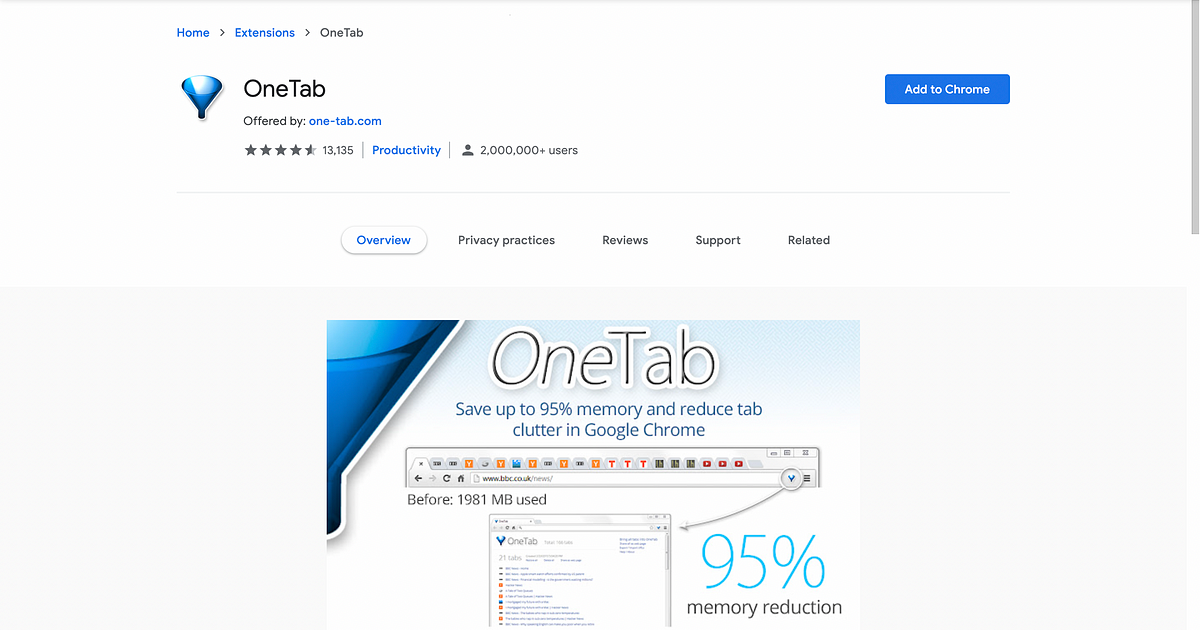 OneTab on Google Chrome