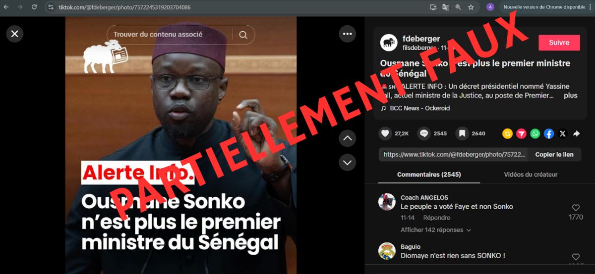 PARTIELLEMENT FAUX : Ousmane Sonko est toujours le Premier ministre du Sénégal