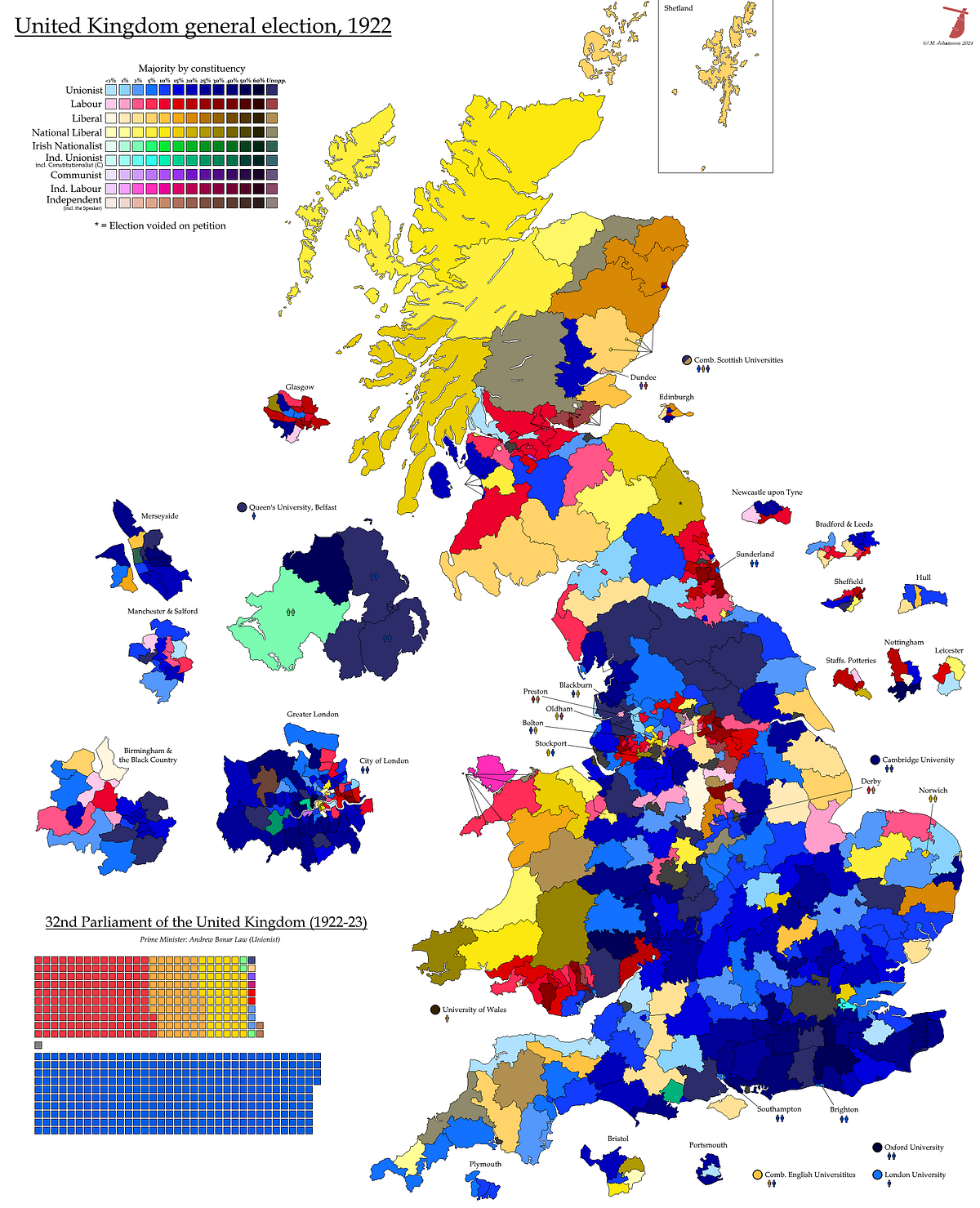 A Century (roughly) of UK General Elections 1922 by Map Max Medium