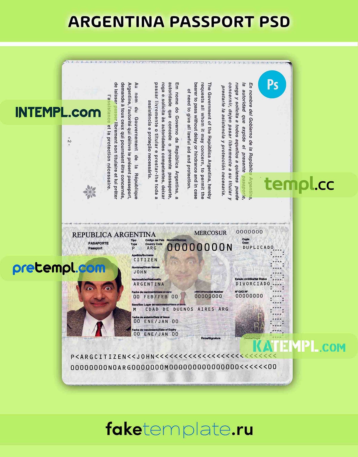 Argentina passport PSD download template, 2012 — present by