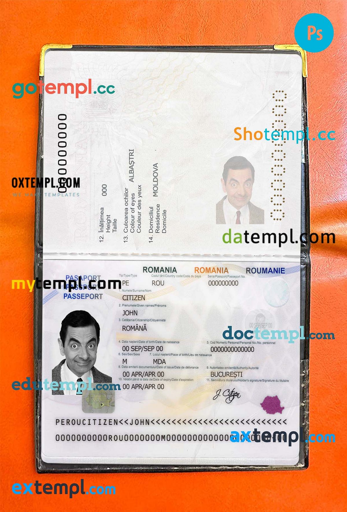 sample Romania passport psd files, editable scan and snapshot sample, 2
