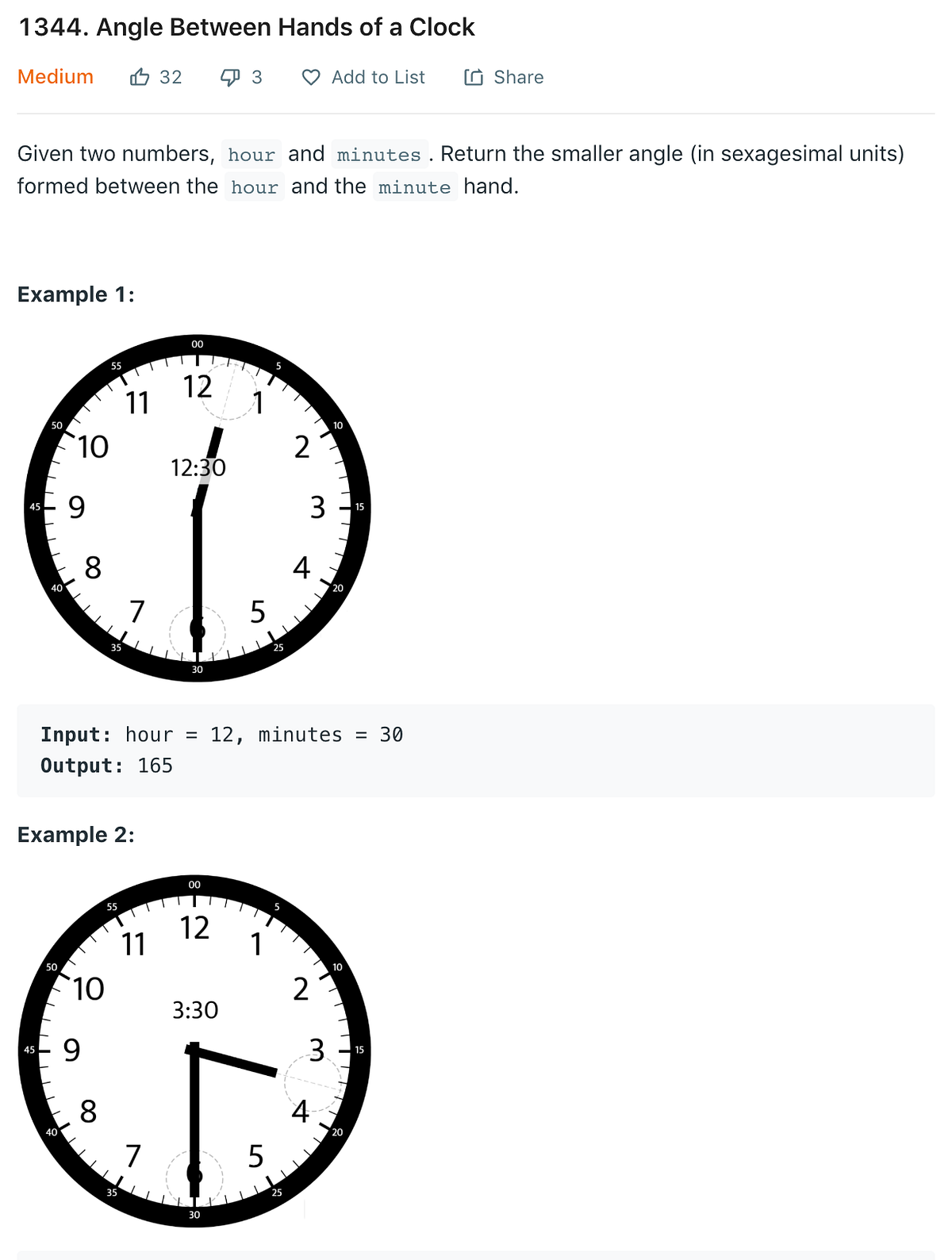 Leetcode 1344 Angle between hands of a clock by PierreMarie