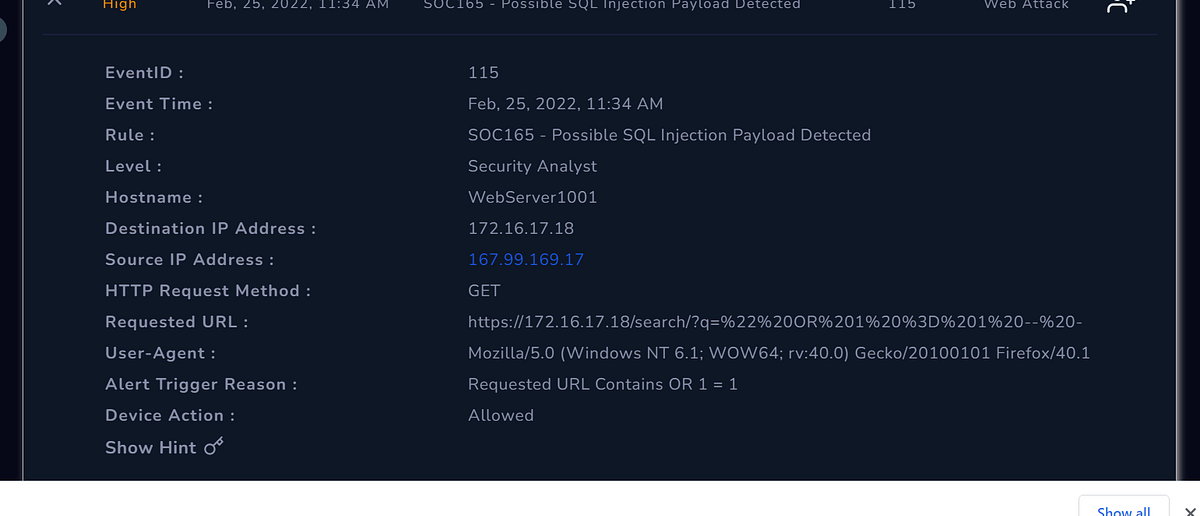 SOC165 — Possible SQL Injection Payload Detected- LetsDefend Lab | by ...