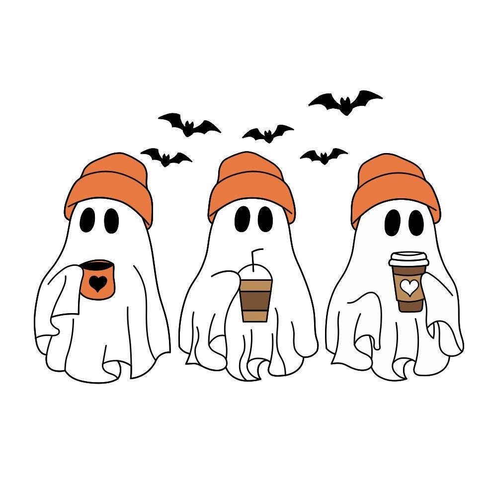 Cute Halloween Ghosts Drinking Coffee Png, Ghost with Coffee, Fall ...