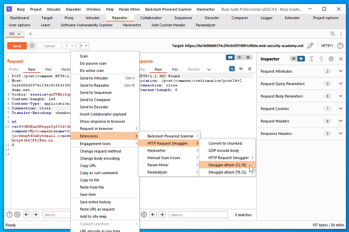 How to use the HTTP Request Smuggler extension to perform an attack ...