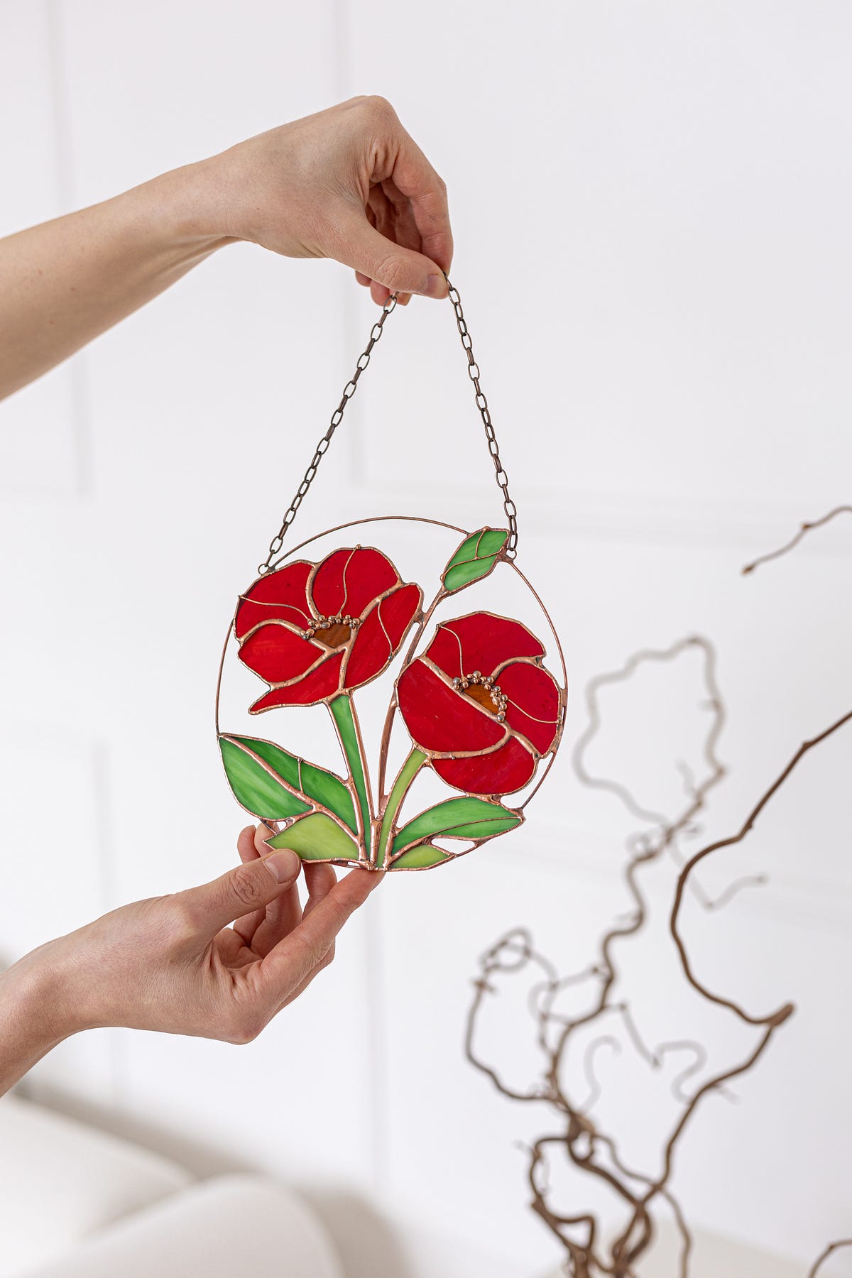 Radiant Red Poppies Handcrafted Stained Glass Suncatcher Sun Glass Medium