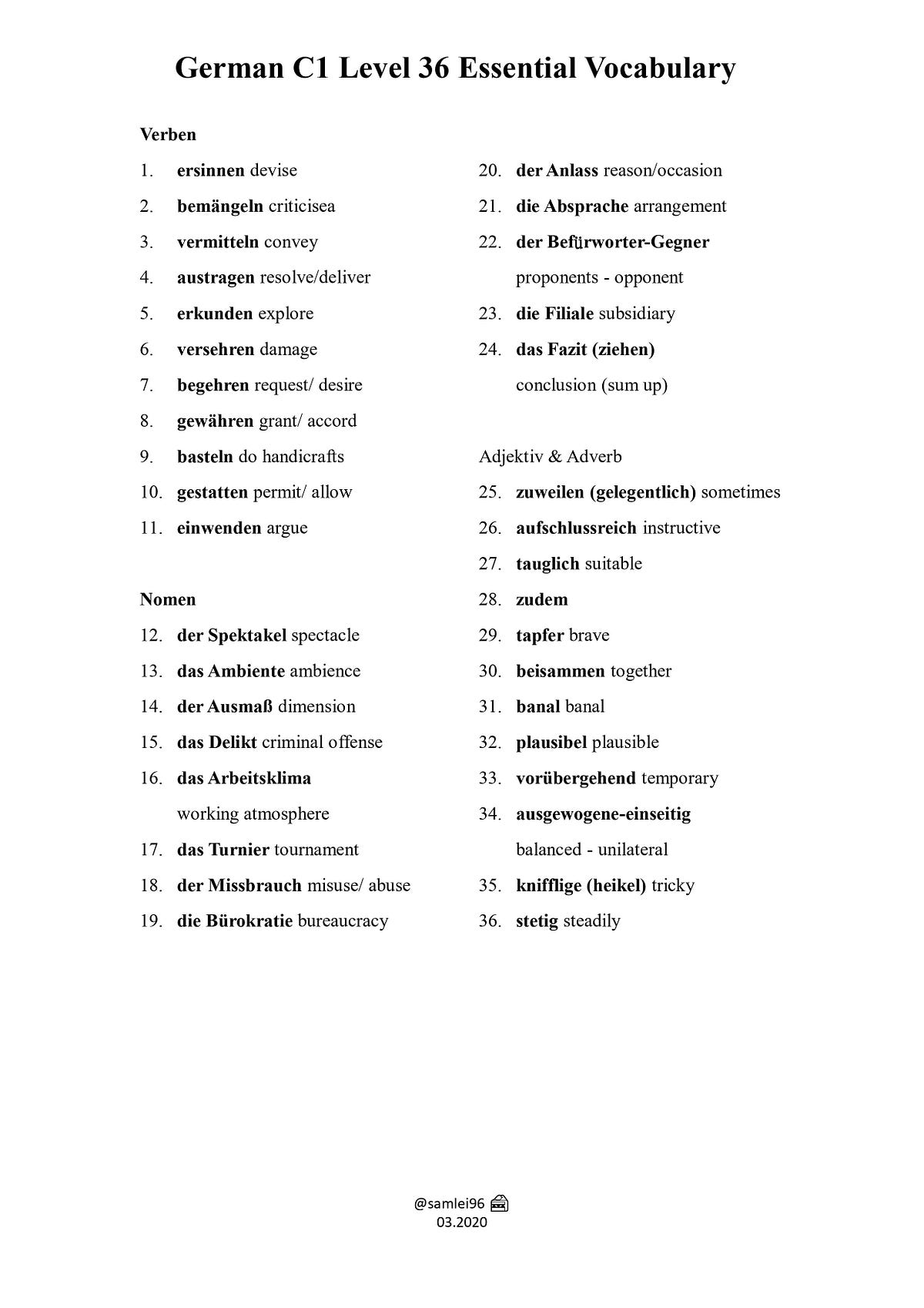 German C1 Level — 36 Essential Vocabulary Sam Lei 96 Medium