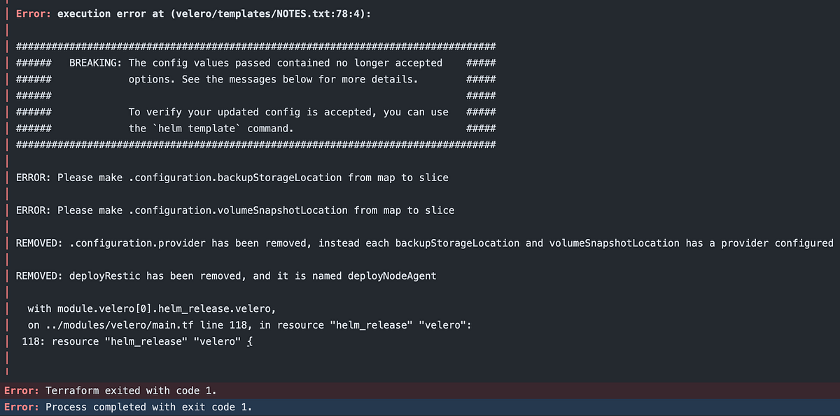 Velero version update using Terraform helm_release module for Azure