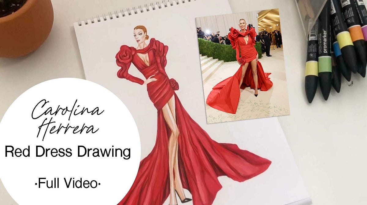 Carolina Herrera Red Dress Drawing - Now Fashion Medium