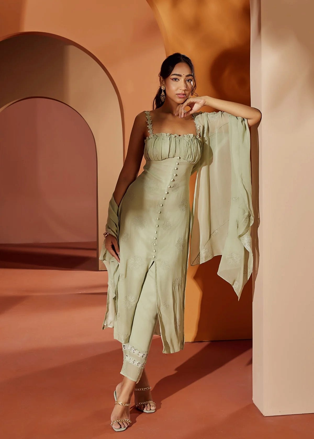 Radiate Charm with the Aarya Sage Green Embroidered Georgette Kurta Set