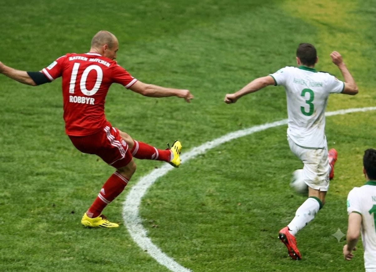 Arjen Robben strikes with his favorite left foot (adapted from a YouTube image)