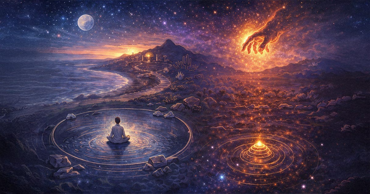 Meditator in the Cosmic Landscape: Attention creates a center; the world gathers around it.