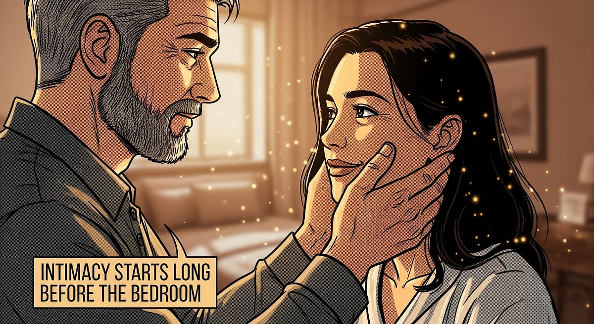 Intimate close embrace, hand on cheek, building tension