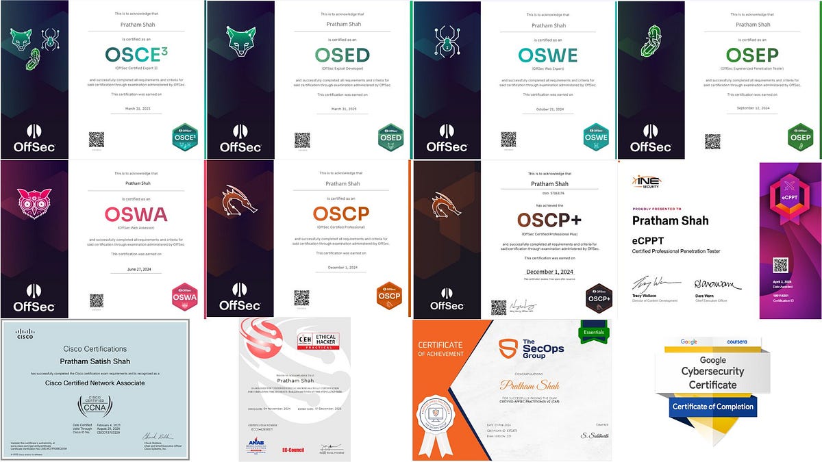 How I Conquered OSCP, OSCP+, OSEP, OSWA, OSWE, OSED, OSCE³, eCPPT, CEH  Practical — all in 12 Months | by Pratham Shah | Medium