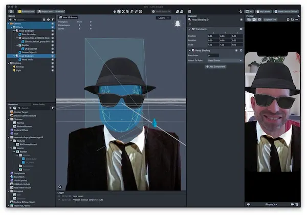 Snapchat Lens Studio in action. To the right is a live preview that changes as you adjust parameters, moving things around or add scripting.