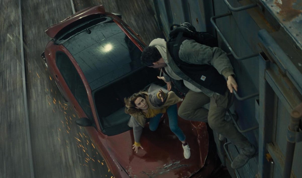 Car/Train chase scene is uniquely directed. Image credit Universal Pictures