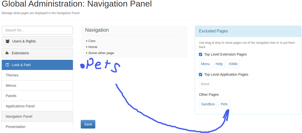 Remove the “Pets” item from the Navigation panel.
