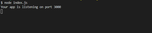 A terminal window showing the node server running without any errors