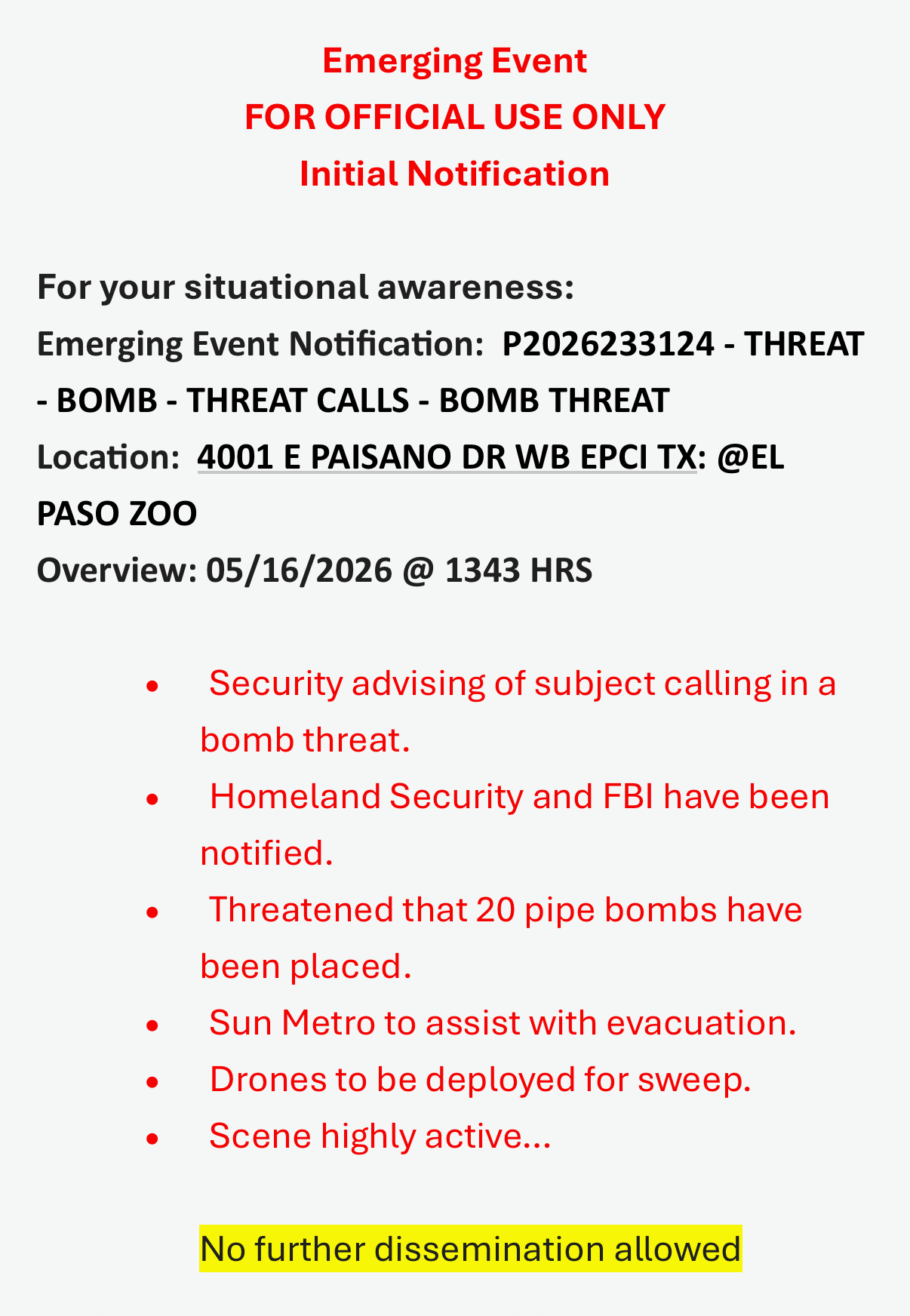 UPDATE: SCENE CLEARED-El Paso Zoo Evacuated Due to Bomb Threat
