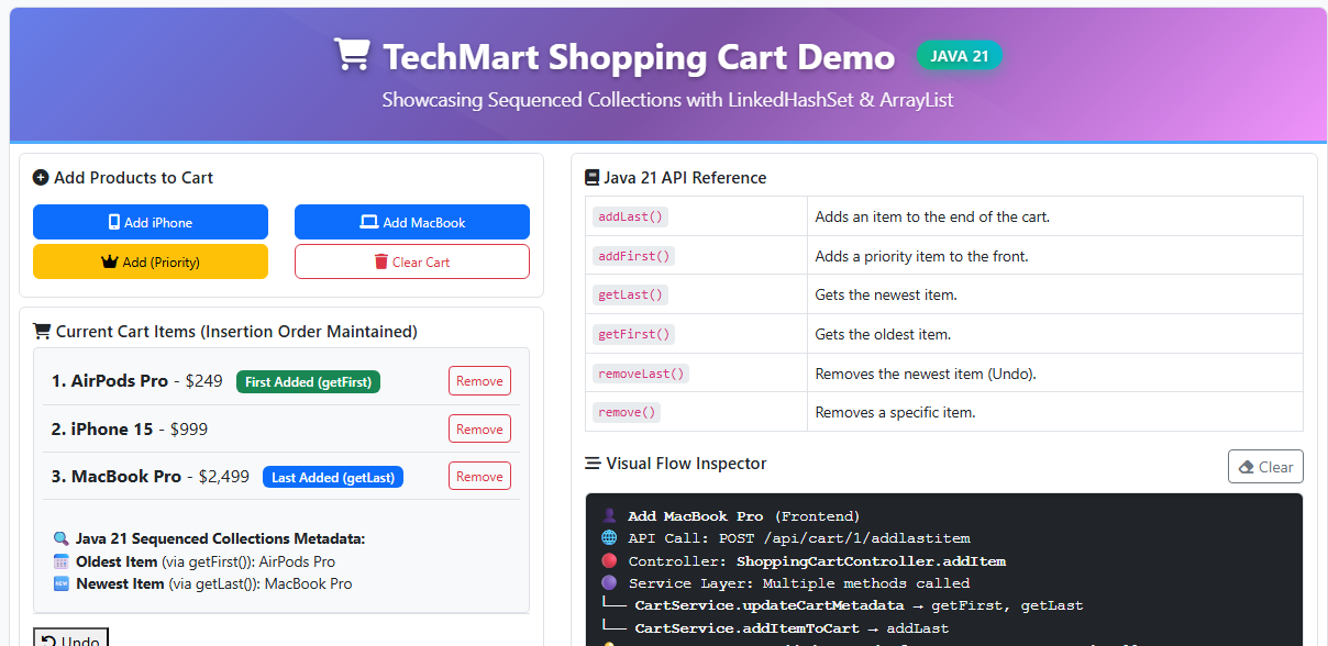 TechMart Shopping Cart Demo built with Spring Boot 3, demonstrating Java 21 Sequenced Collection methods (addFirst, addLast, removeLast) in action
