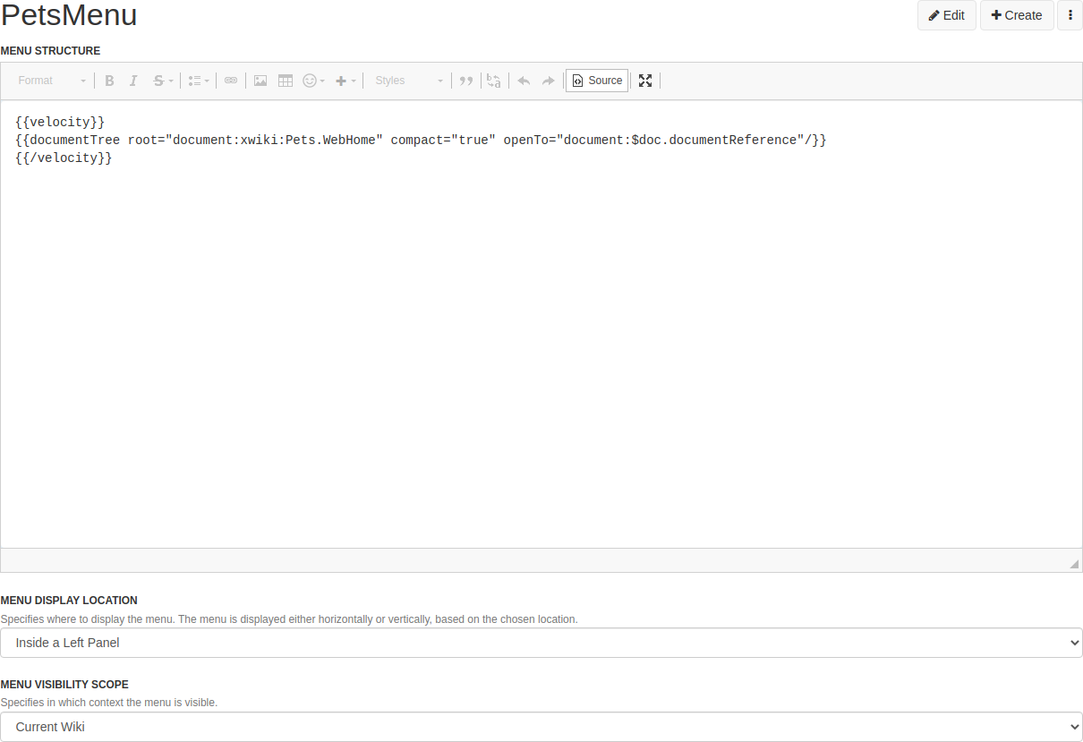 The menu’s content source code.