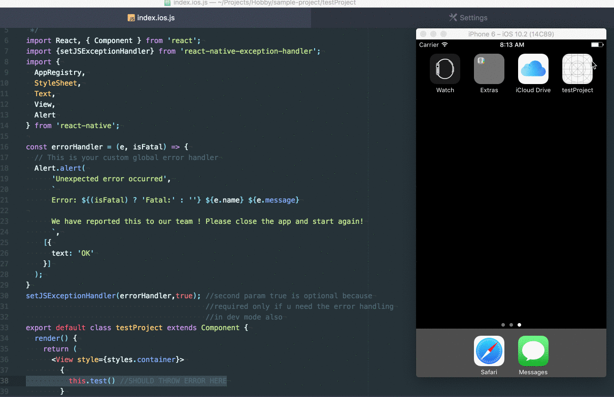 Image 4: Demo gif file from the react-native-exception-handler repository showing how the app behaves with the use of it