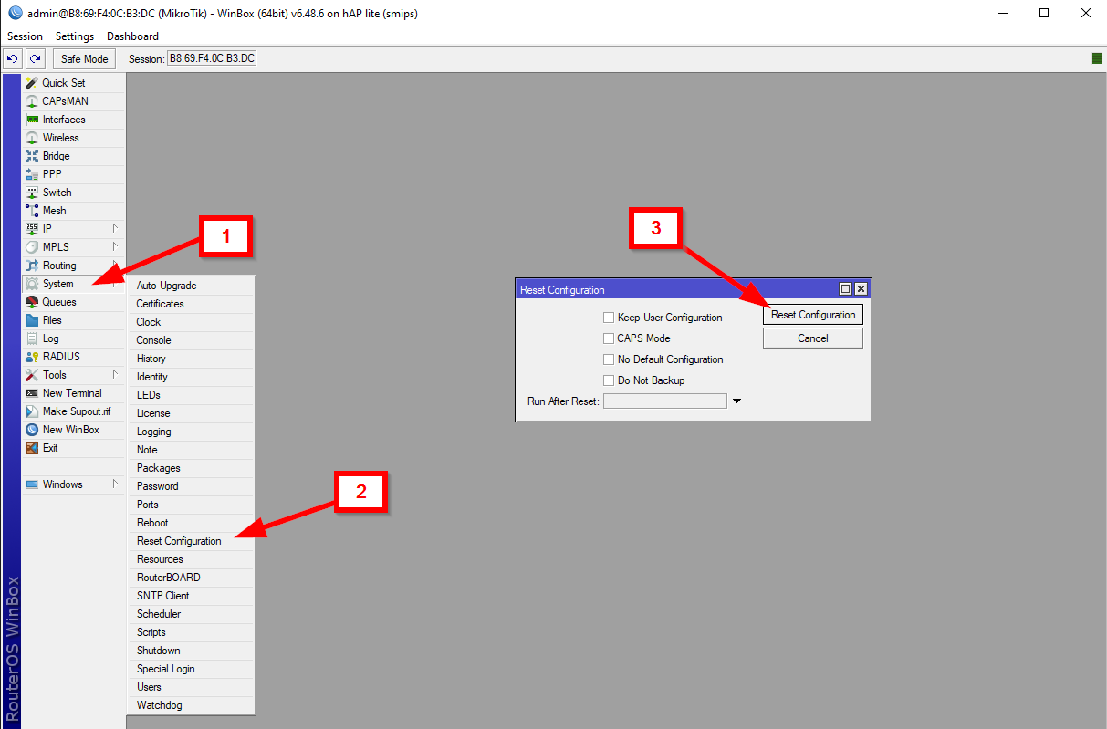 ภาพตัวอย่างหน้าจอการใช้เมนู reset การตั้งค่าของ Mikrotik Router