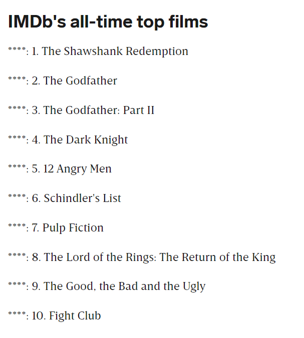 List Greatest Movies of All Time - IMDB (part 2) 