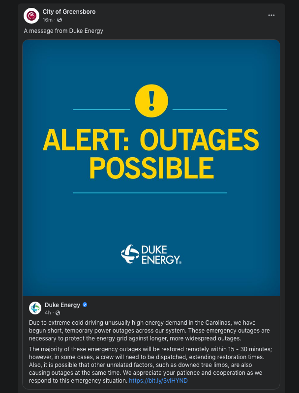 Duke Energy power outage, rolling blackouts in North Carolina