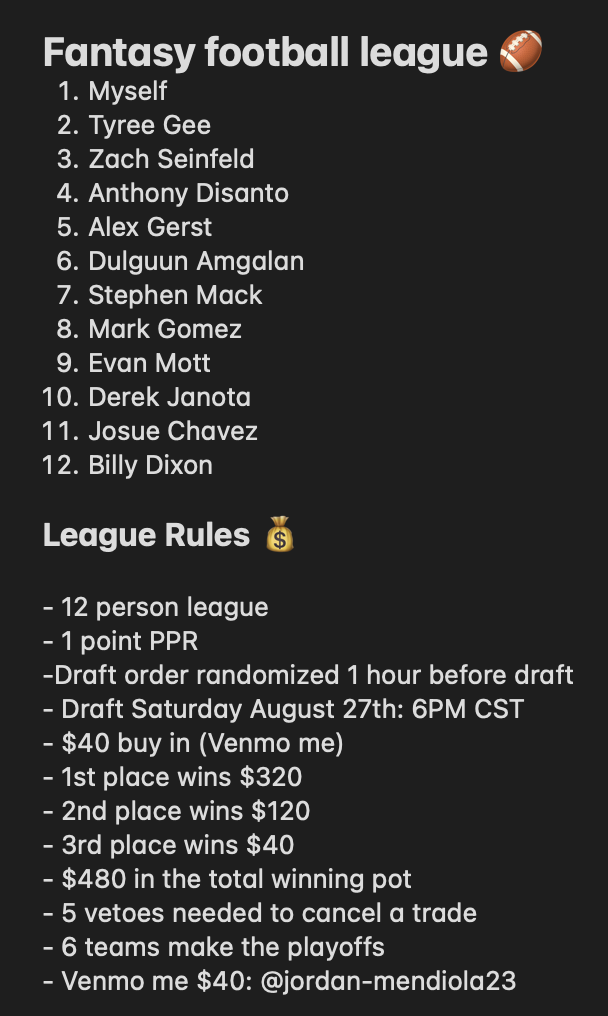 Fantasy Football Snake Draft Order - 8 Teams