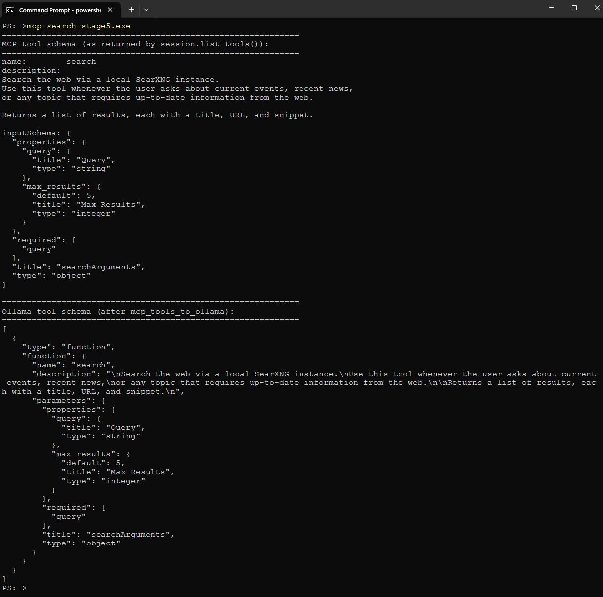 Screenshot of Powershell running the stage 5 MCP search executable