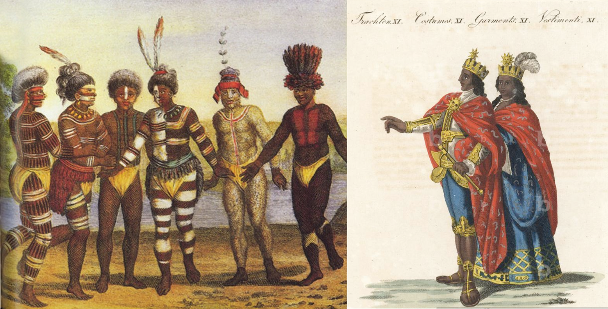 LEFT: “The Ohlone people performing a ceremonial dance at Mission San Jose,” by Louis Choris. 1816. Choris, a Russian artist and naturalist visited Alta California in 1816 as part of the Russian scientific expedition aboard the Rurik. His sketches and colorized engravings, including scenes of dancers at Mission Dolores, are among the earliest visual records of Ohlone culture. Public domain. RIGHT: Lithograph of Peruvian Incas, 18th century allegorical representation of Inca king and queen in modern western clothes with gold crown with sun emblem, embroidered cloak, gold axe and sandals with lion. Taken from Richard Phillips’ “Present State of Peru.” Handcoloured copperplate engraving from Bertuch’s “” Bilderbuch fur Kinder”” (Picture Book for Children), Weimar, 1807. Friedrich Johann Bertuch (1747–1822) was a German publisher and man of arts most famous for his 12-volume encyclopedia for children illustrated with 1,200 engraved plates on natural history, science, costume, mythology, etc., published from 1790–1830.