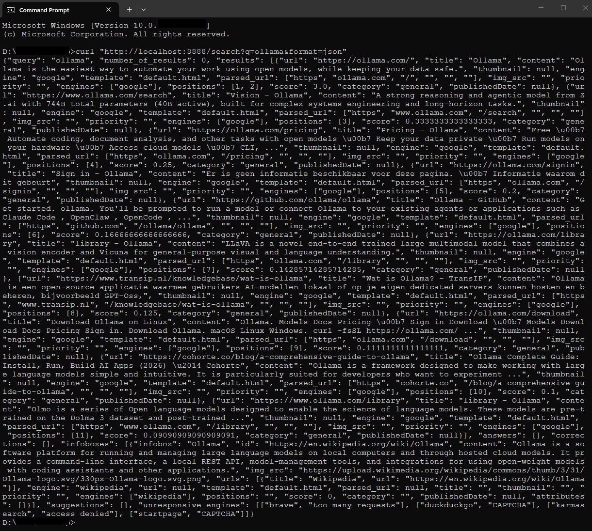 Screenshot of the JSON response from Curl