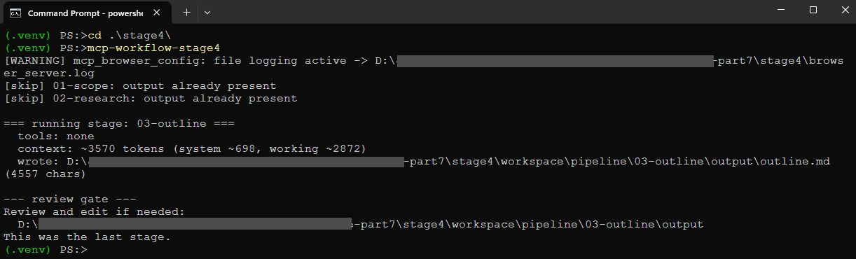 Running mcp-workflow-stage4 produces the outline and stops at the gate. This is the last cheap place to fix the course before the draft stage runs.