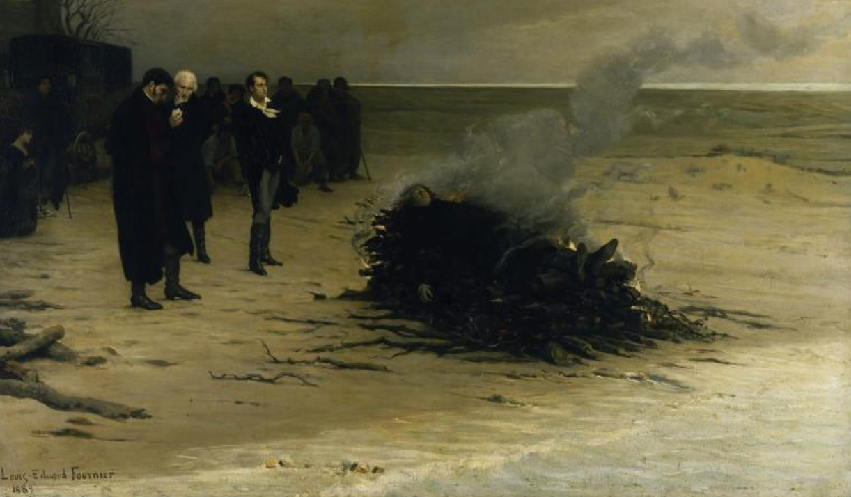 Louis Édouard Fournier, The Funeral of Shelley (1889), depicting Percy Bysshe Shelley’s cremation on the Viareggio shore. Source: Walker Art Gallery.