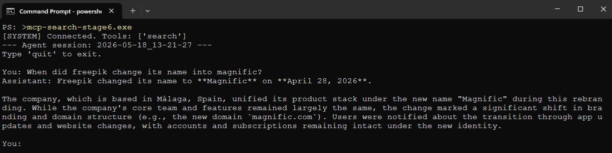 Screenshot of Powershell running the stage 6 MCP search executable, showing a successful online search