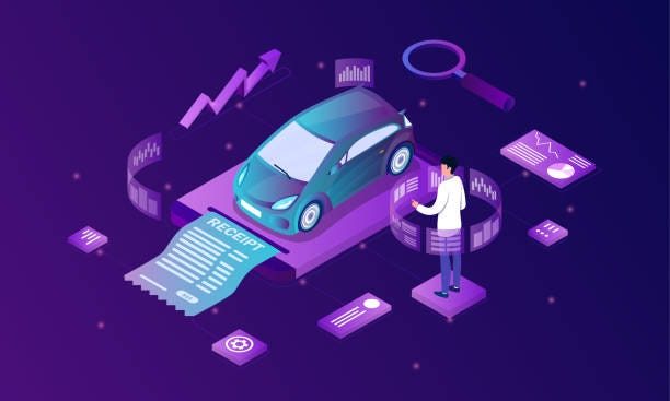 cartoon car surrounded by sold data and receipt