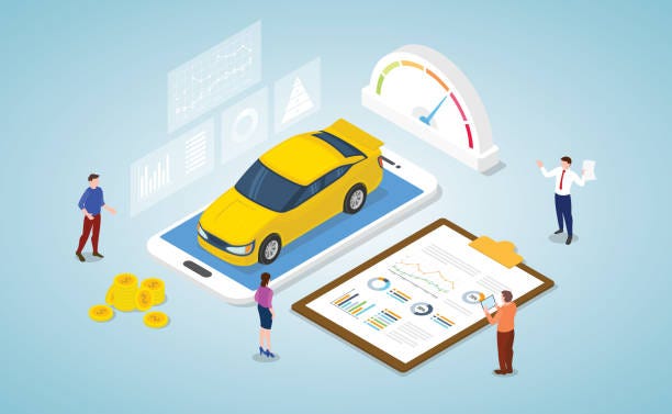 cartoon car surrounded by example analytics and data