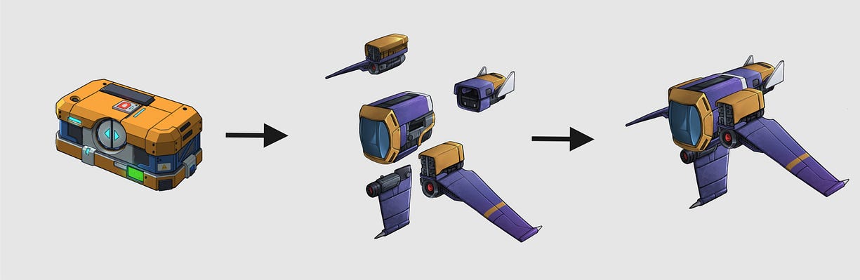 WIP (v1) Example process flow of Building your Spaceship. The loot box and Spaceship shown here are not necessarily the final product.