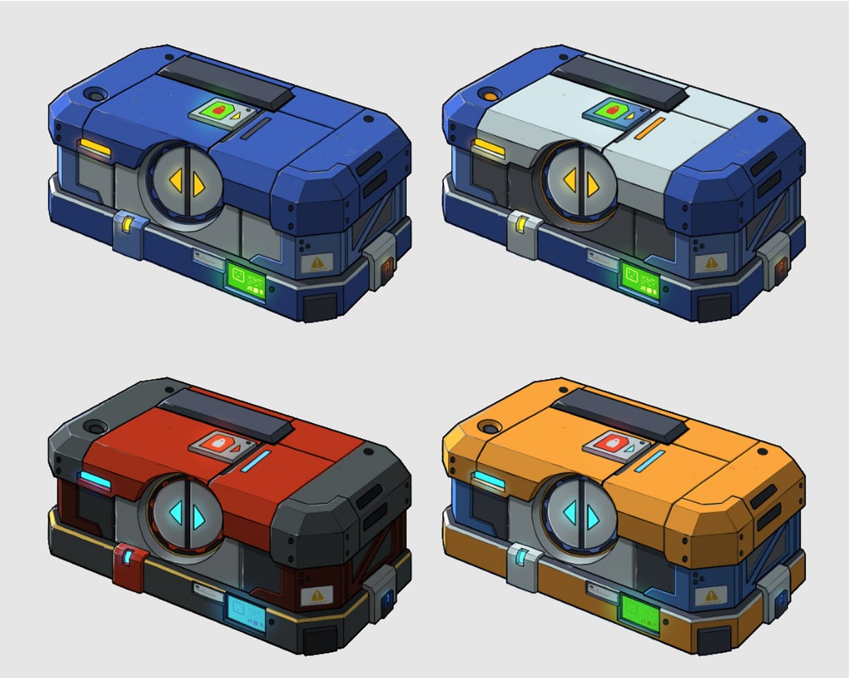 WIP (v1) Designs of the Loot boxes you could receive. There is a different Loot box, one for each of the Spaceship types we have scheduled to drop on a weekly basis!