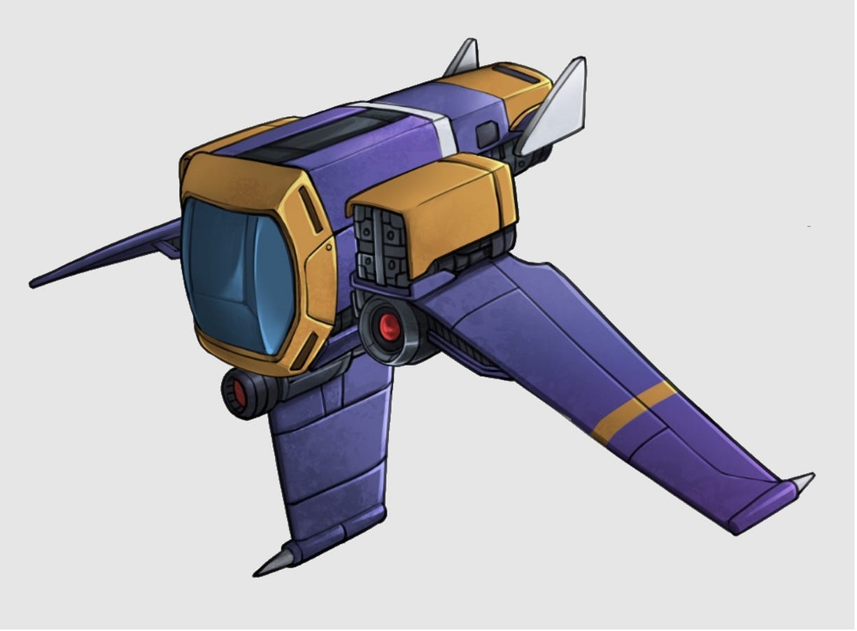 WIP design of one of the Spaceships you could receive. In this example, the Spaceship has all parts of the same rarity.