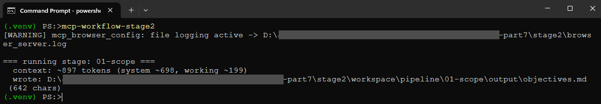 Stage 2 runs a single stage from files. The banner is the scoped context the probe predicted, around 900 tokens, and the output is objectives.md.