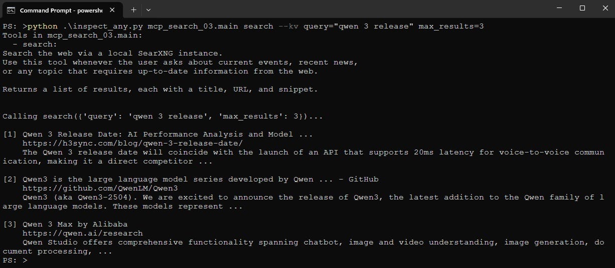 Screenshot of Powershell running the Python MCP inspector script to test the search MCP server
