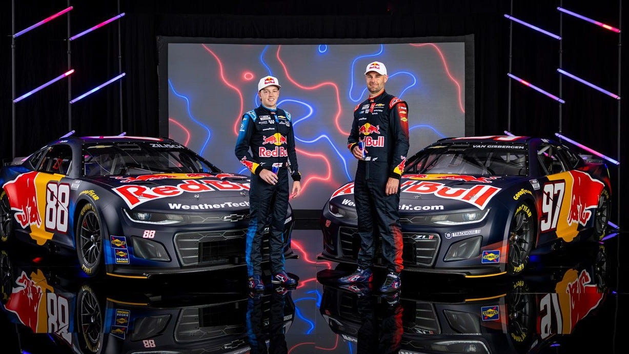 Trackhouse debuts new Red Bull schemes for Shane van Gisbergen, Connor Zilisch in 2026 Cup season