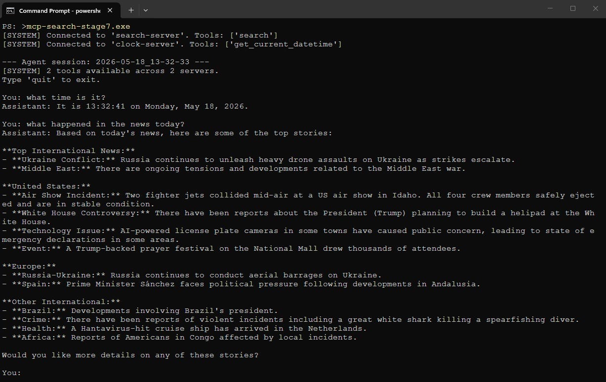 Screenshot of Powershell running the stage 7 MCP search executable, showing the date and a successful online search