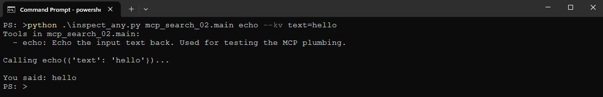 Screenshot of Powershell running the Python MCP inspector script to test the echo MCP server with parameters