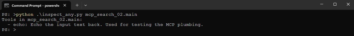 Screenshot of Powershell running the Python MCP inspector script to test the echo MCP server without any parameters