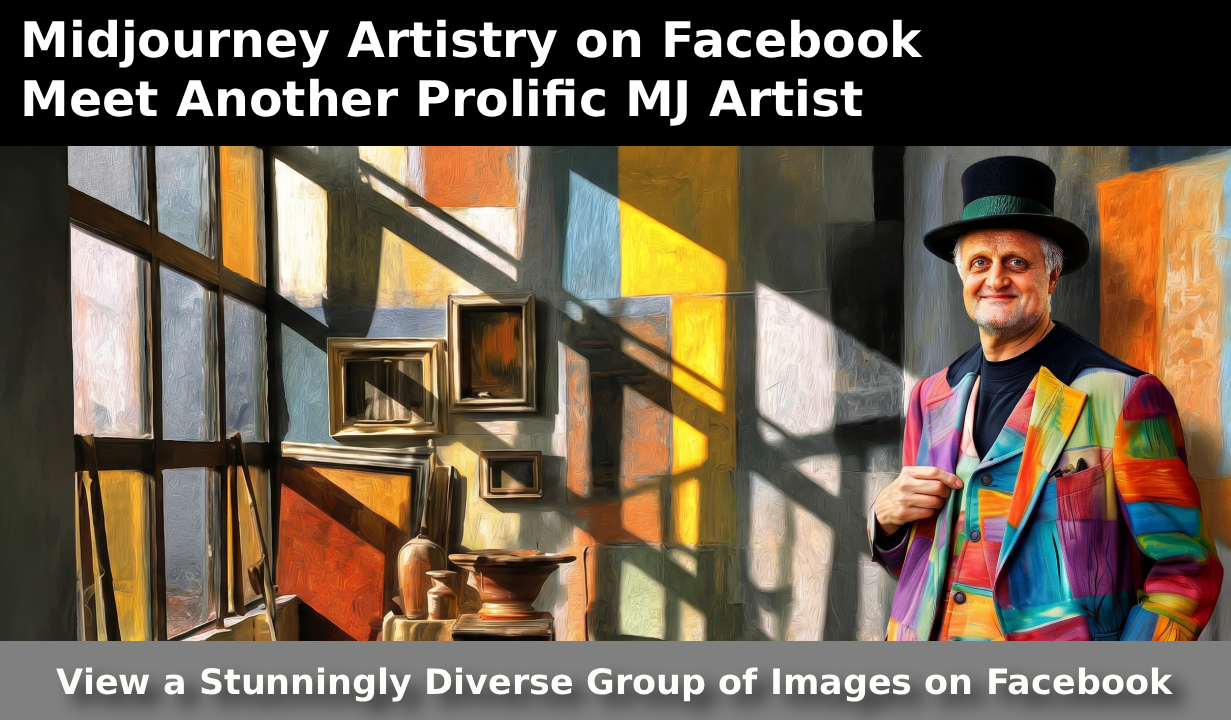 banner image for “Midjourney Artistry on Facebook — Meet Another Prolific MJ Artist” — created by the author using NB2 and PhotoPea