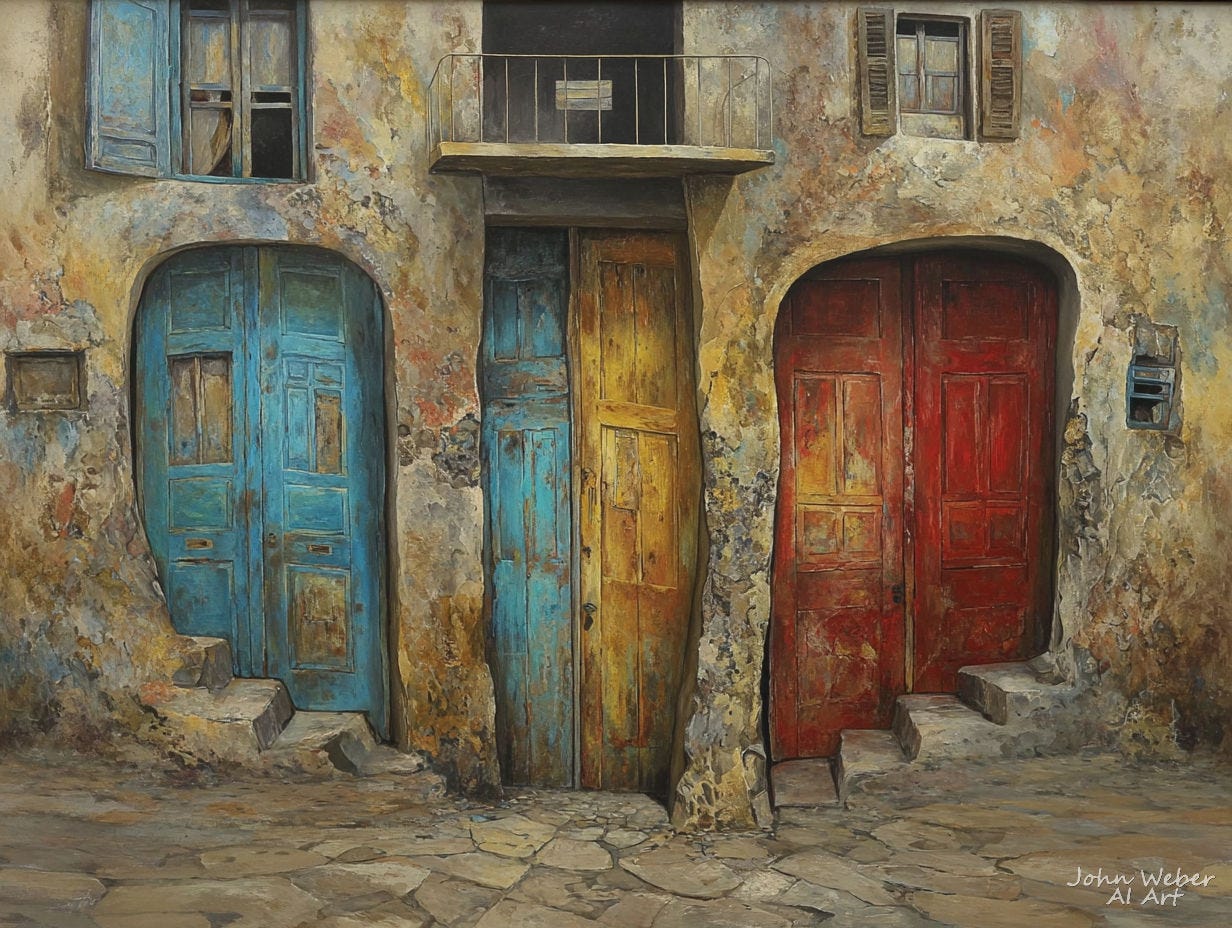 an image of an old building showing the effects of weathering — created and owned by John Weber AI Art