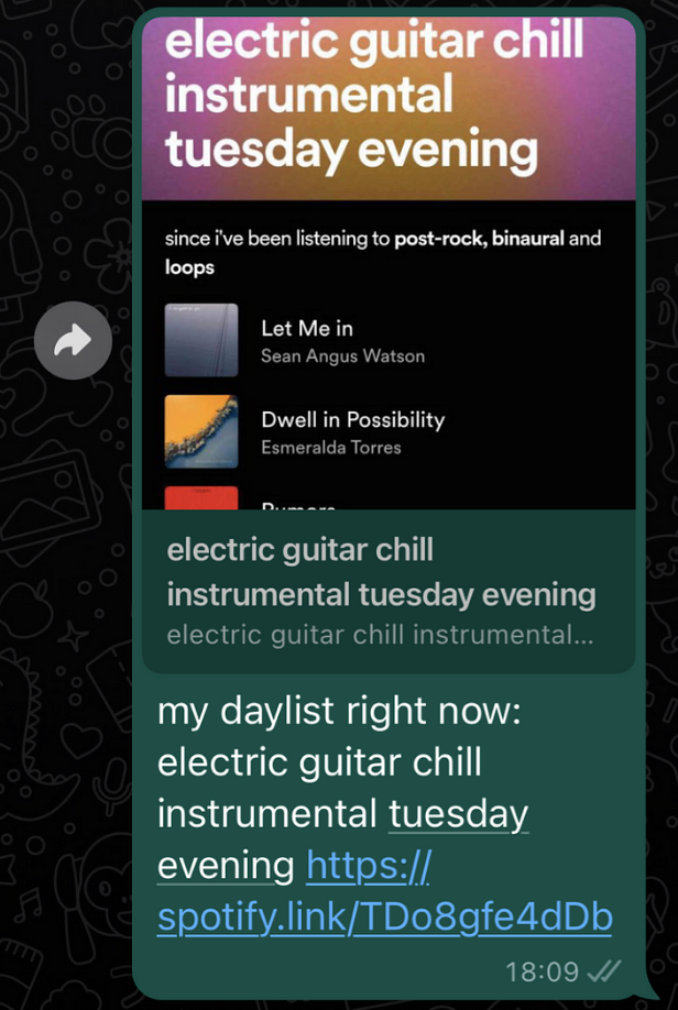 Mensagem de compartilhamento ampliada do compartilhamento da lista diária do Spotify no WhatsApp